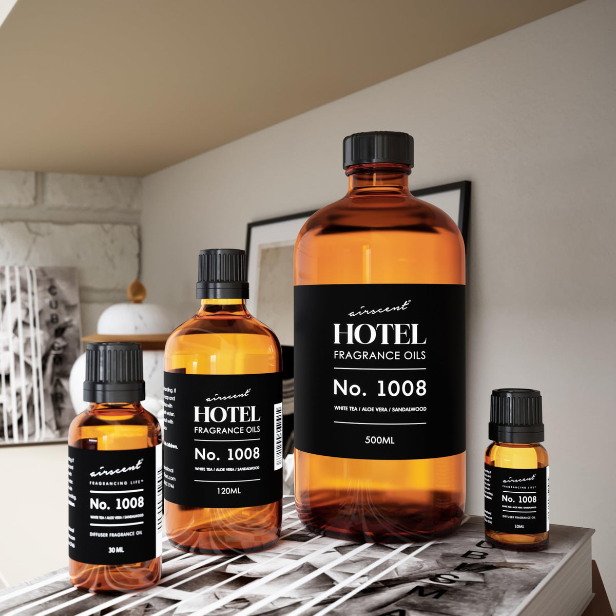 AirScent Hotel Diffuser Oil No. 1008 - White Tea, Aloe Vera & Sandalwood - 500 mL Glass Bottle