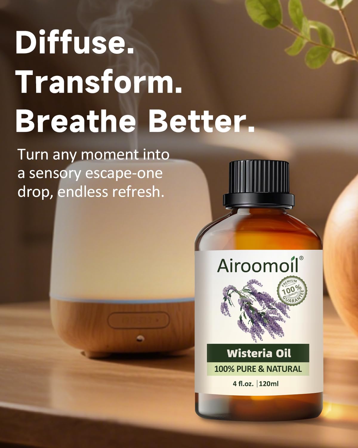 Airoomoil Pure Wisteria Essential Oil - 100% Natural, Premium Grade, 4 oz (120 ml)