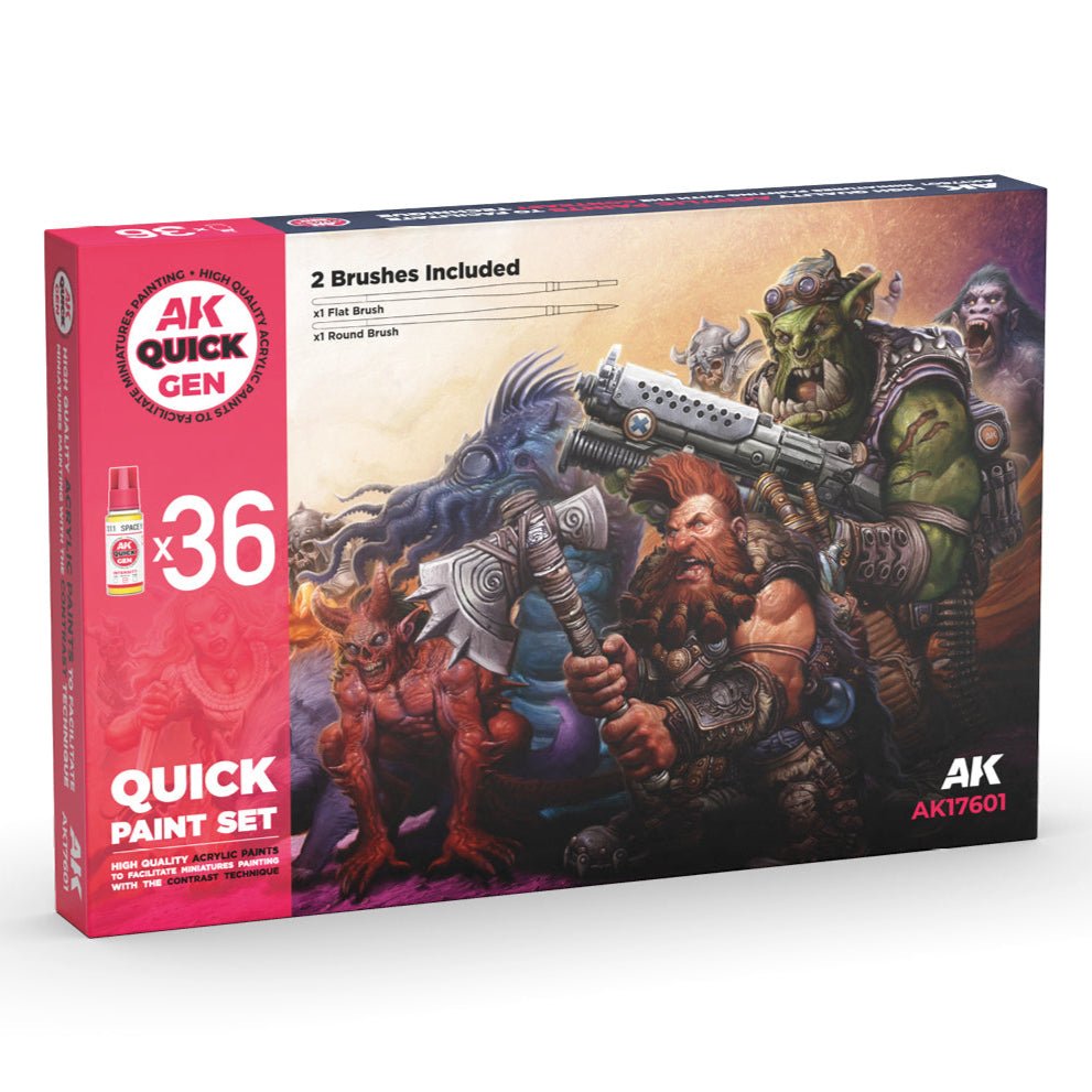 AK Interactive Quick Gen Paint Set - 36 Quick Gen Colors & 2 Brushes (AK17601)
