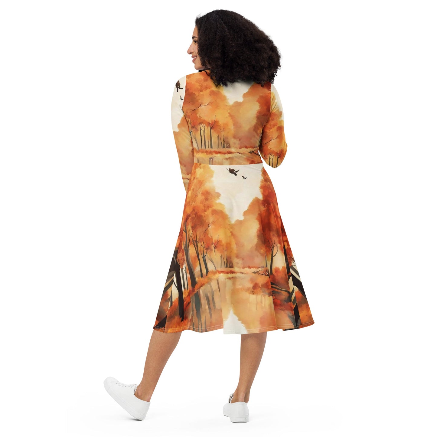 All-over print long sleeve midi dress