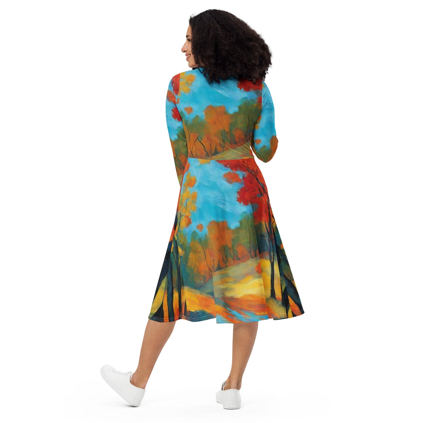 All-over print long sleeve midi dress