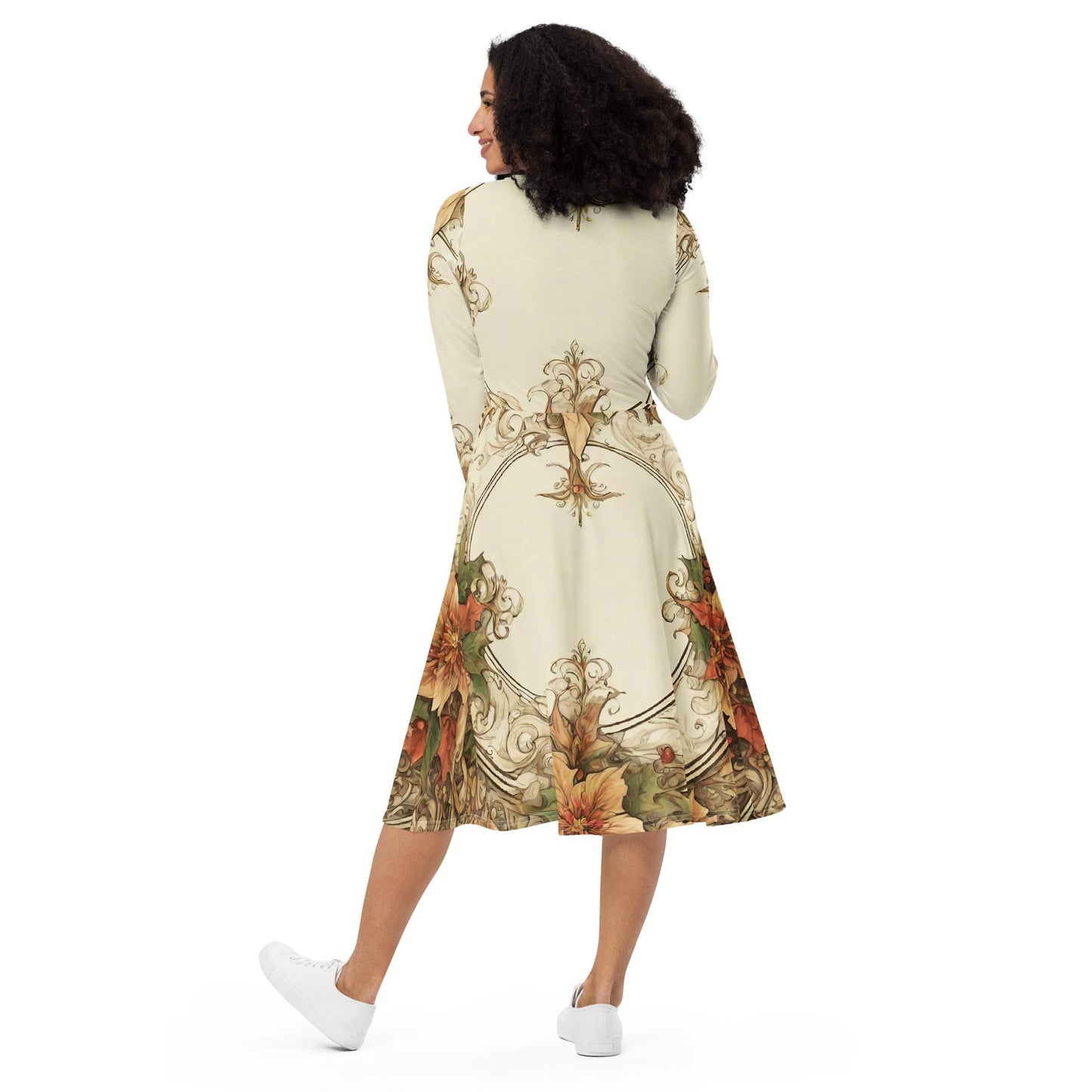 All-over print long sleeve midi dress