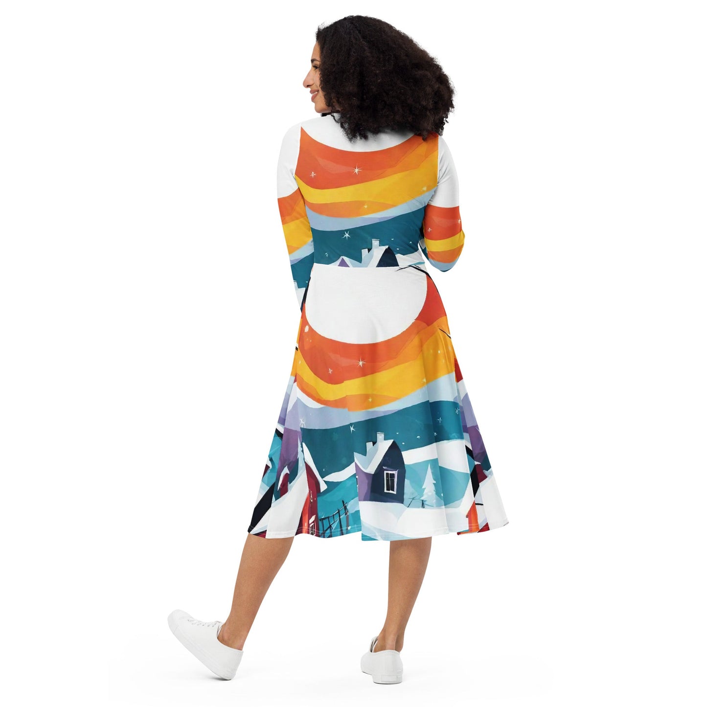 All-over print long sleeve midi dress