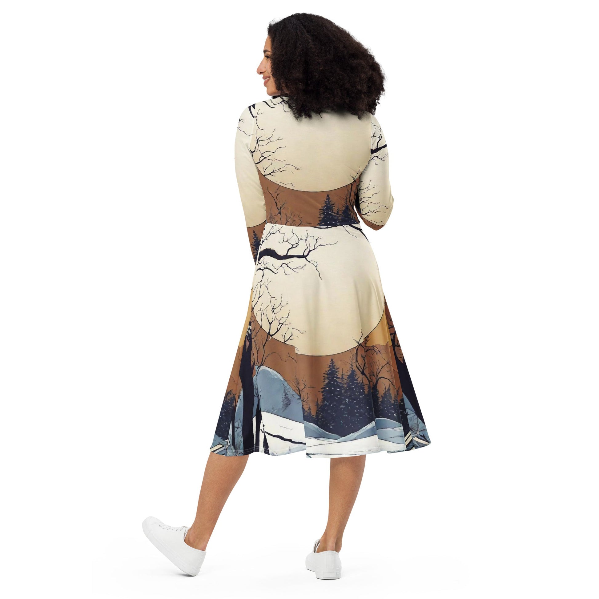 All-over print long sleeve midi dress