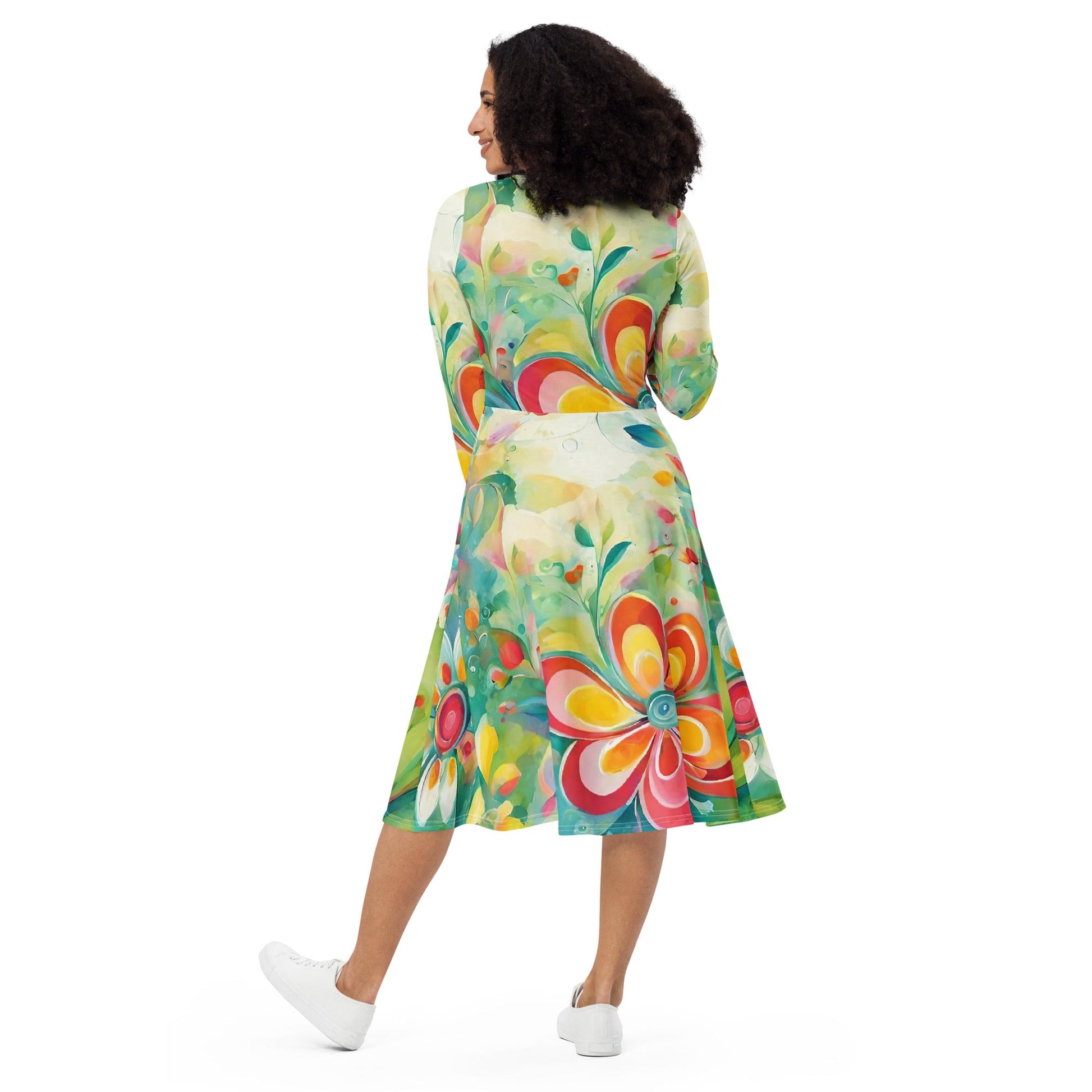 All-over print long sleeve midi dress