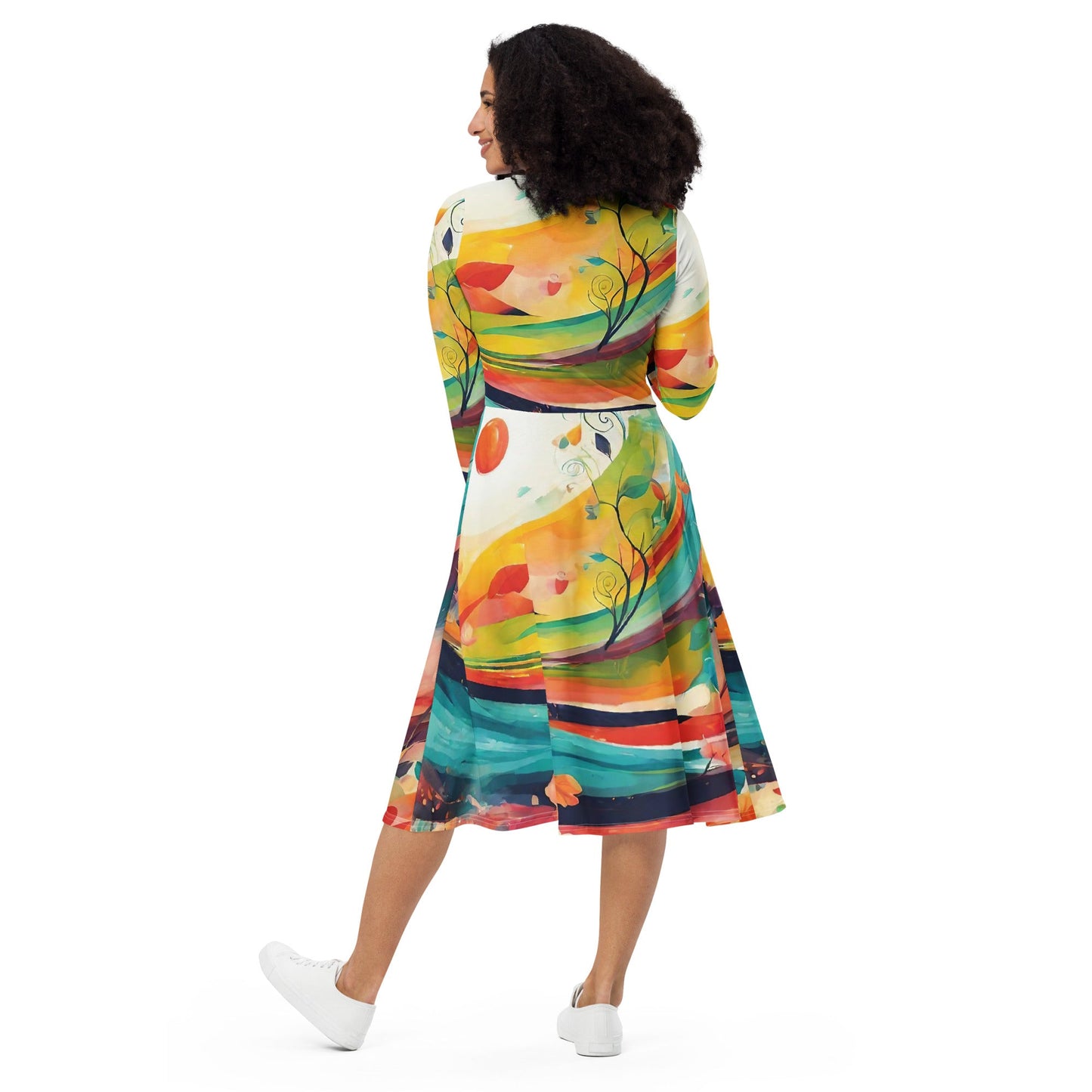 All-over print long sleeve midi dress