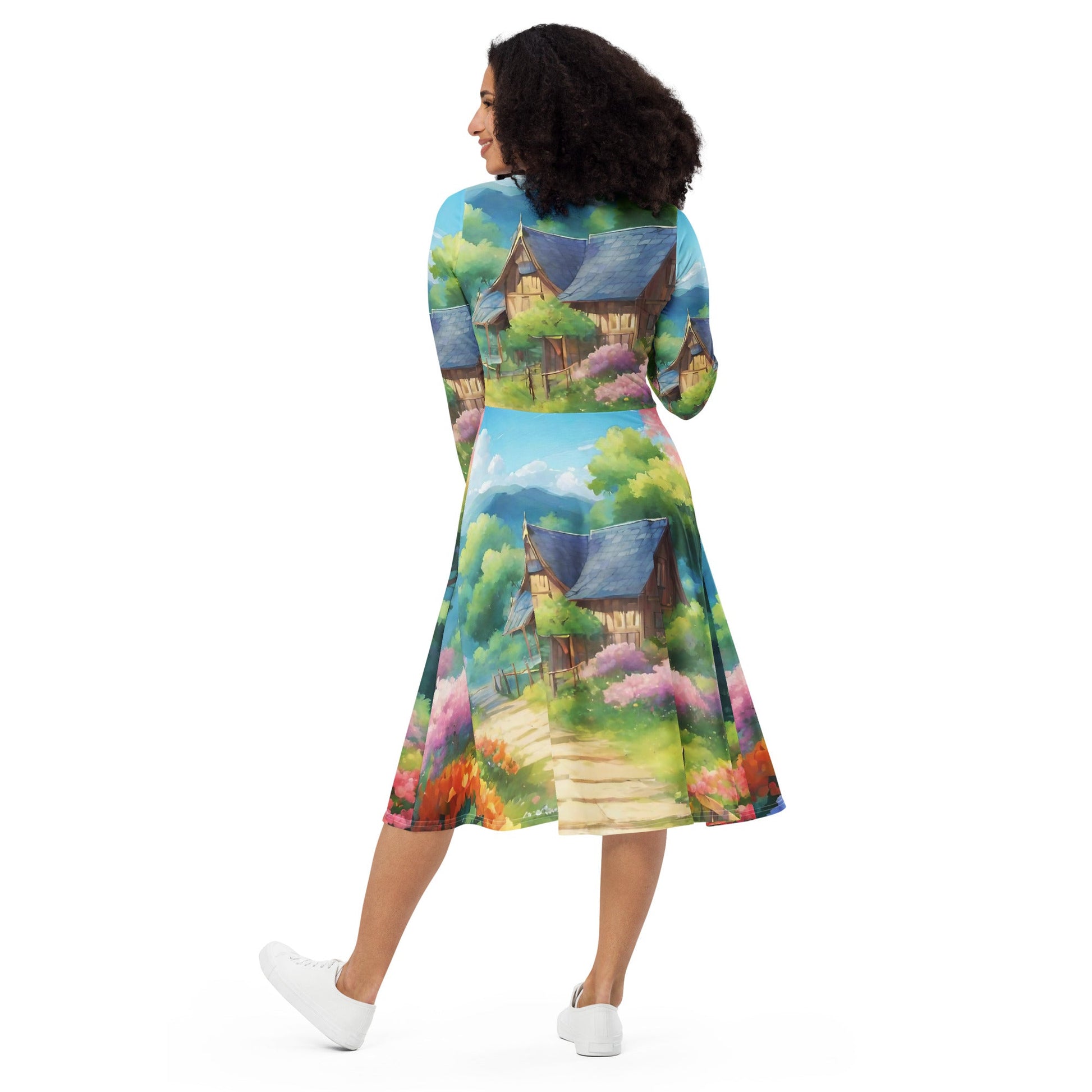 All-over print long sleeve midi dress