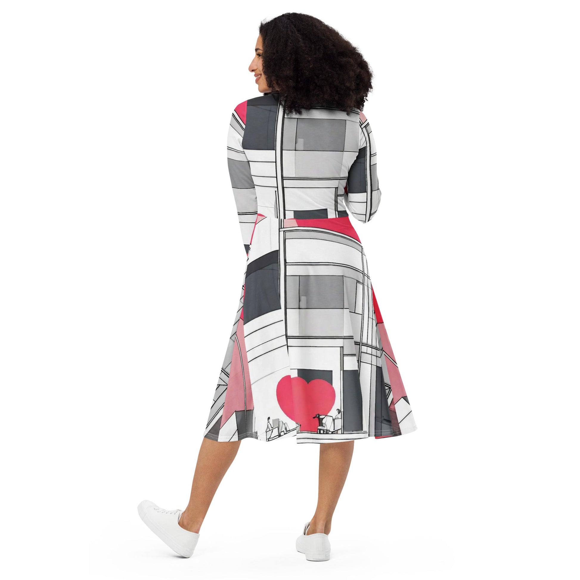 All-over print long sleeve midi dress