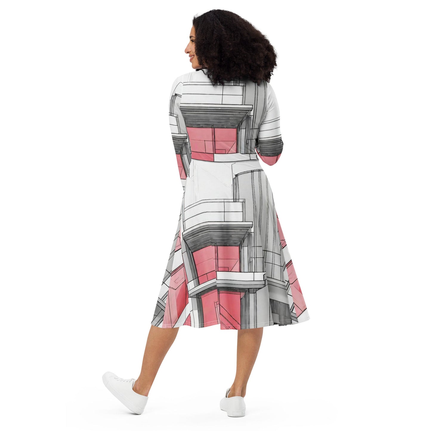 All-over print long sleeve midi dress
