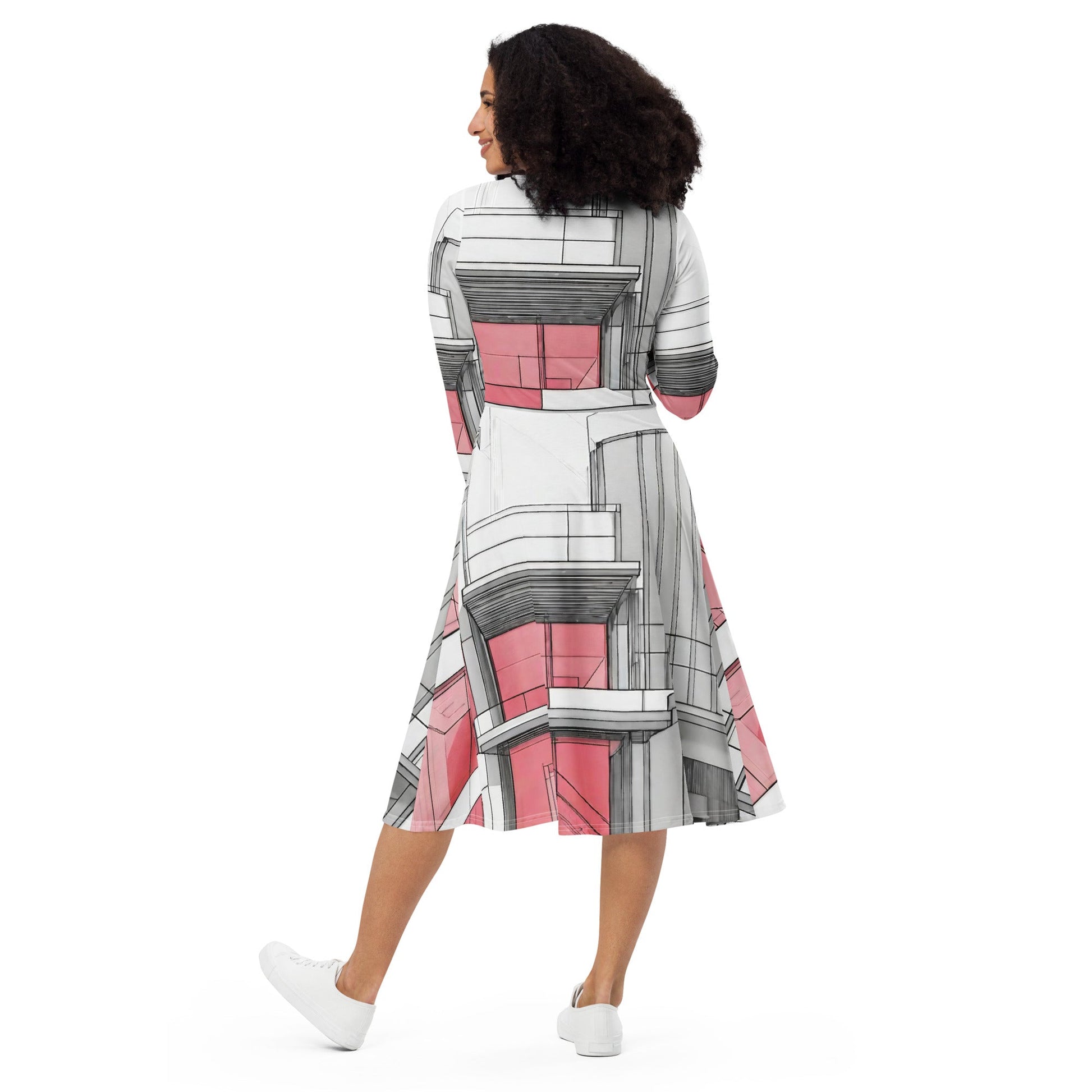 All-over print long sleeve midi dress