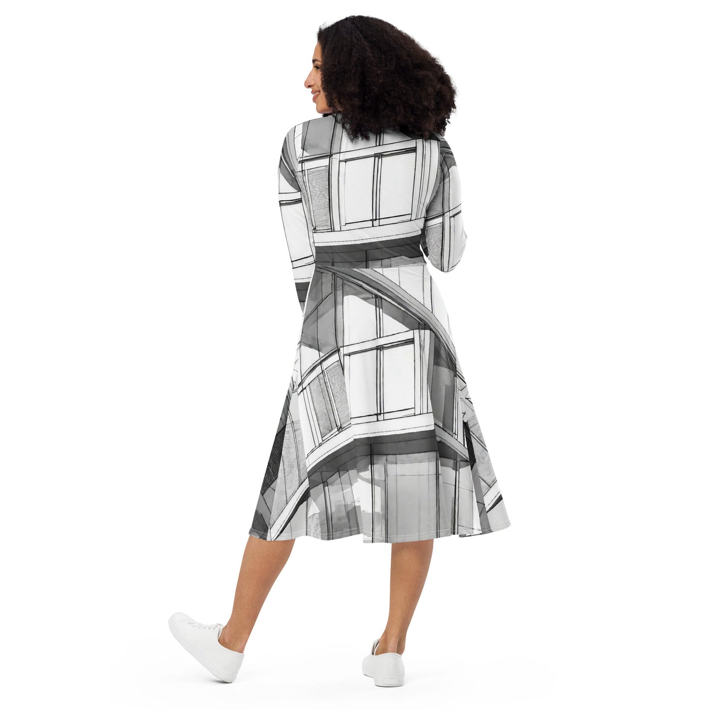 All-over print long sleeve midi dress