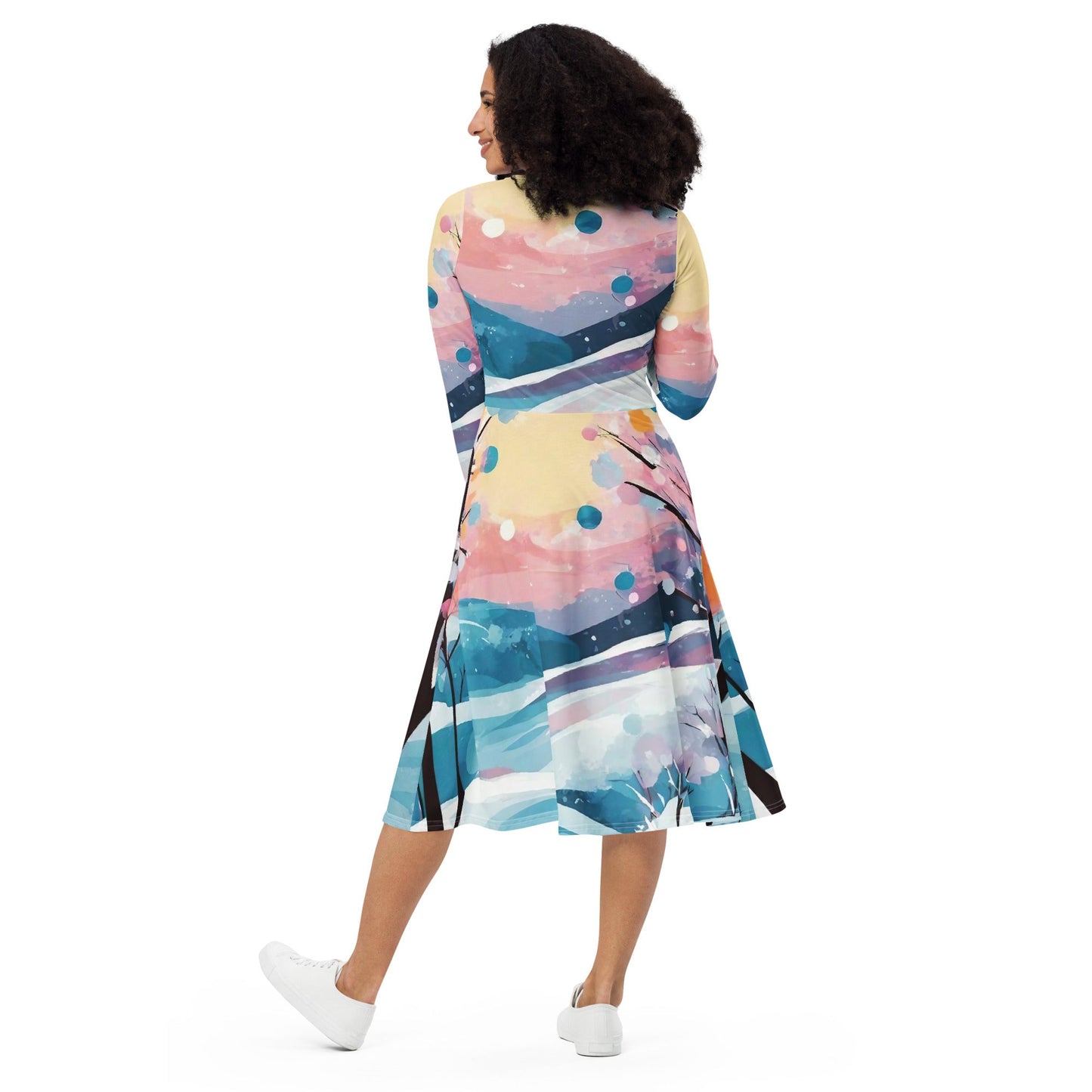 All-over print long sleeve midi dress
