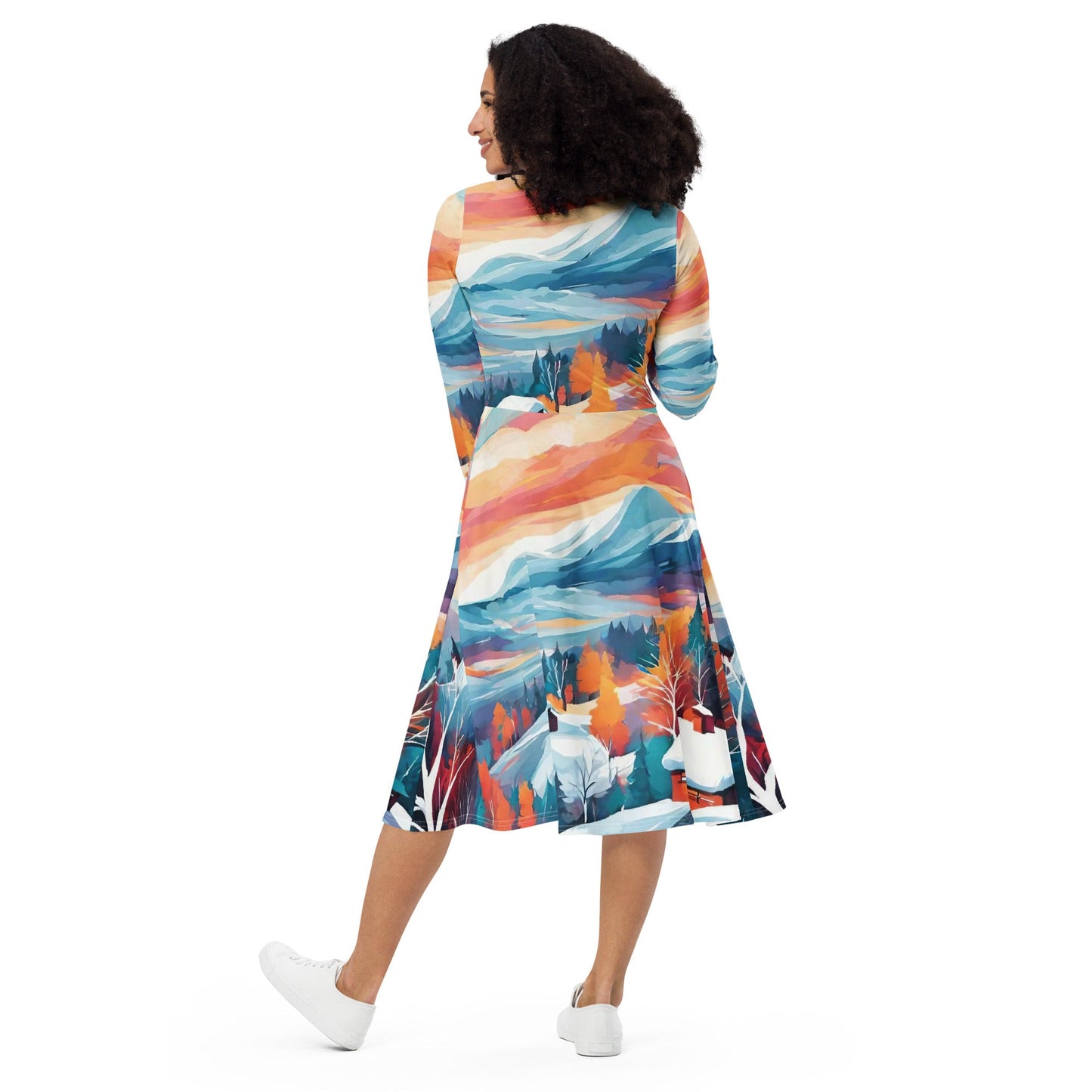 All-over print long sleeve midi dress