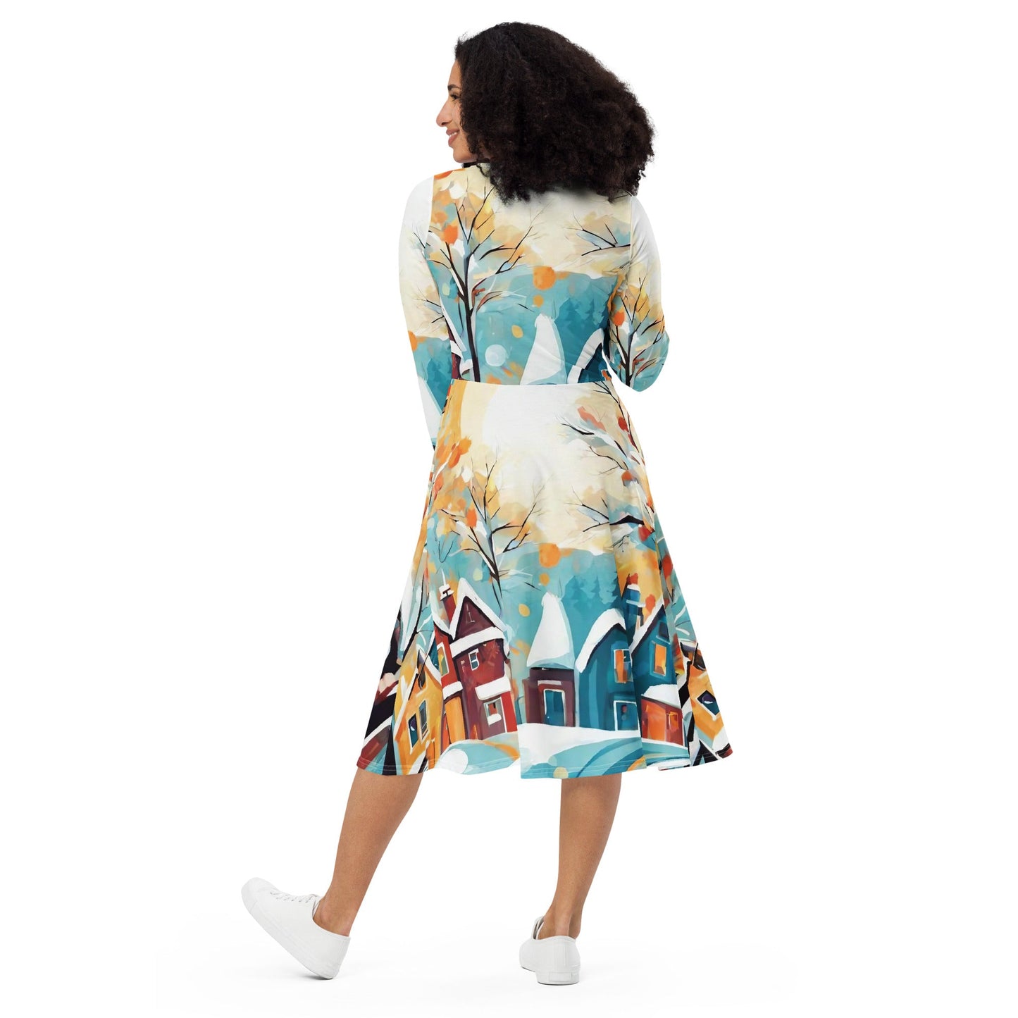 All-over print long sleeve midi dress