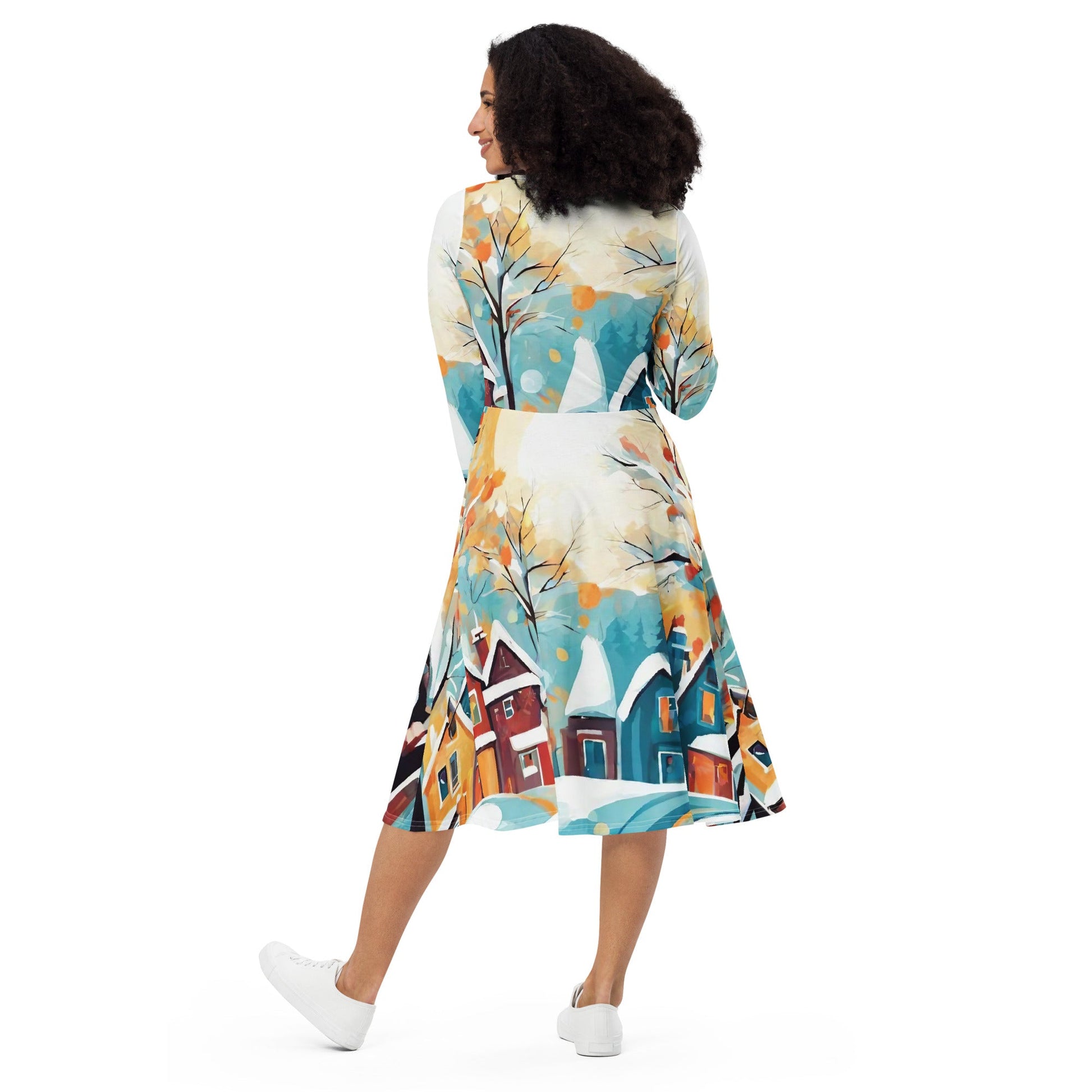 All-over print long sleeve midi dress