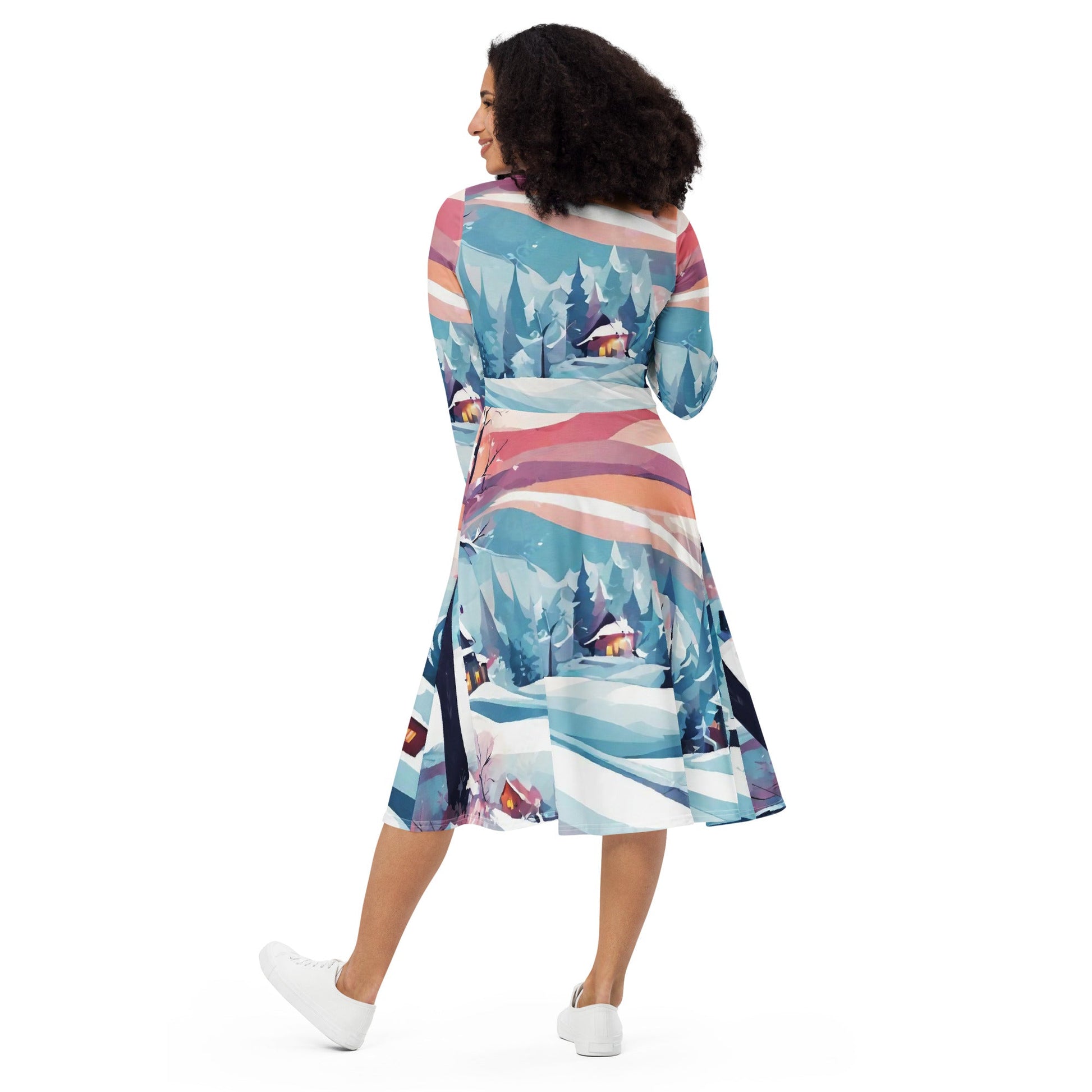 All-over print long sleeve midi dress