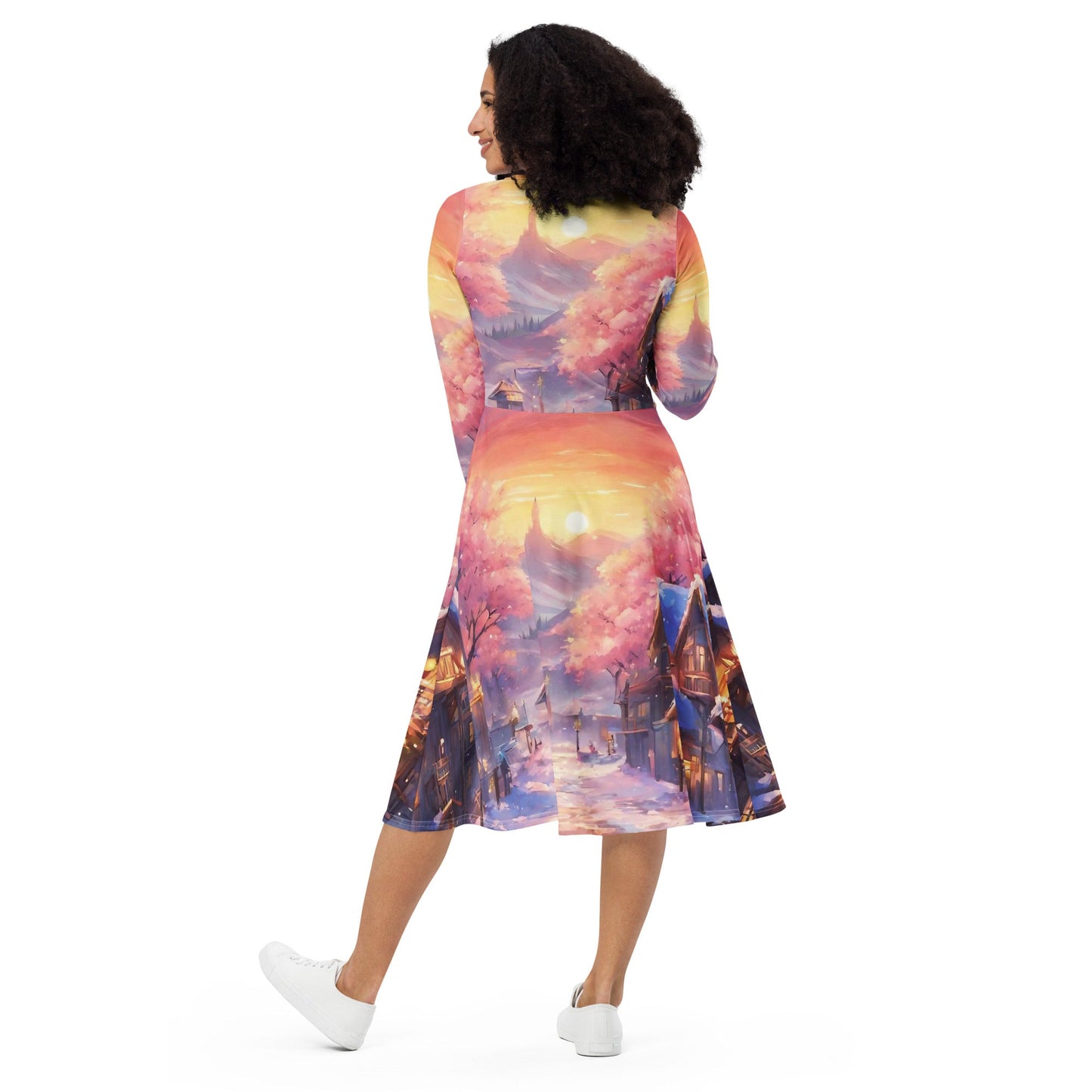 All-over print long sleeve midi dress
