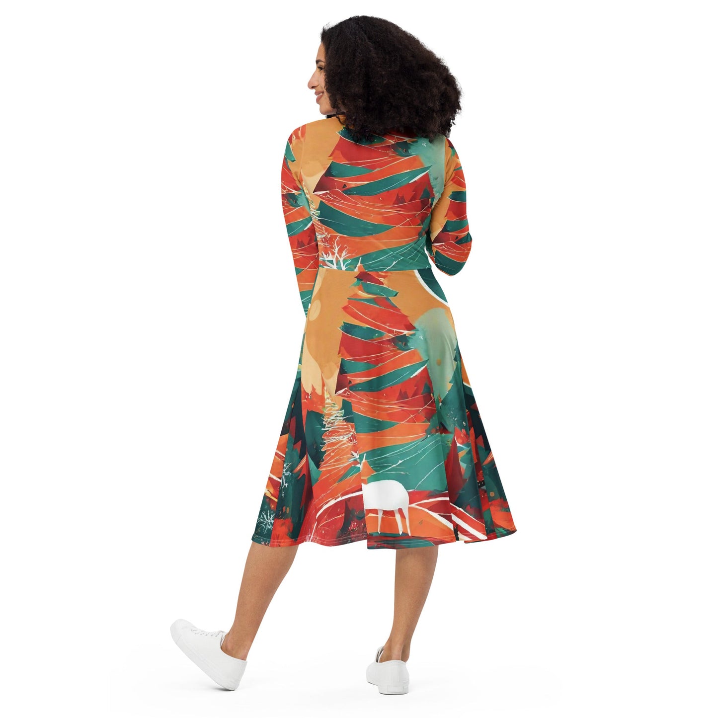 All-over print long sleeve midi dress