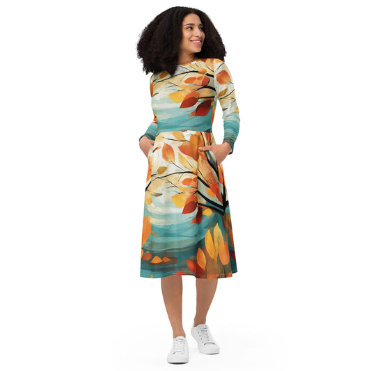 All-over print long sleeve midi dress