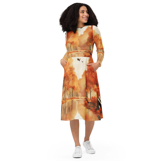 All-over print long sleeve midi dress