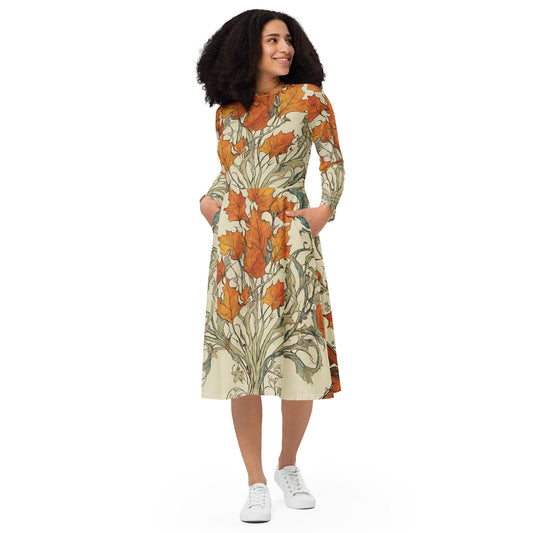 All-over print long sleeve midi dress