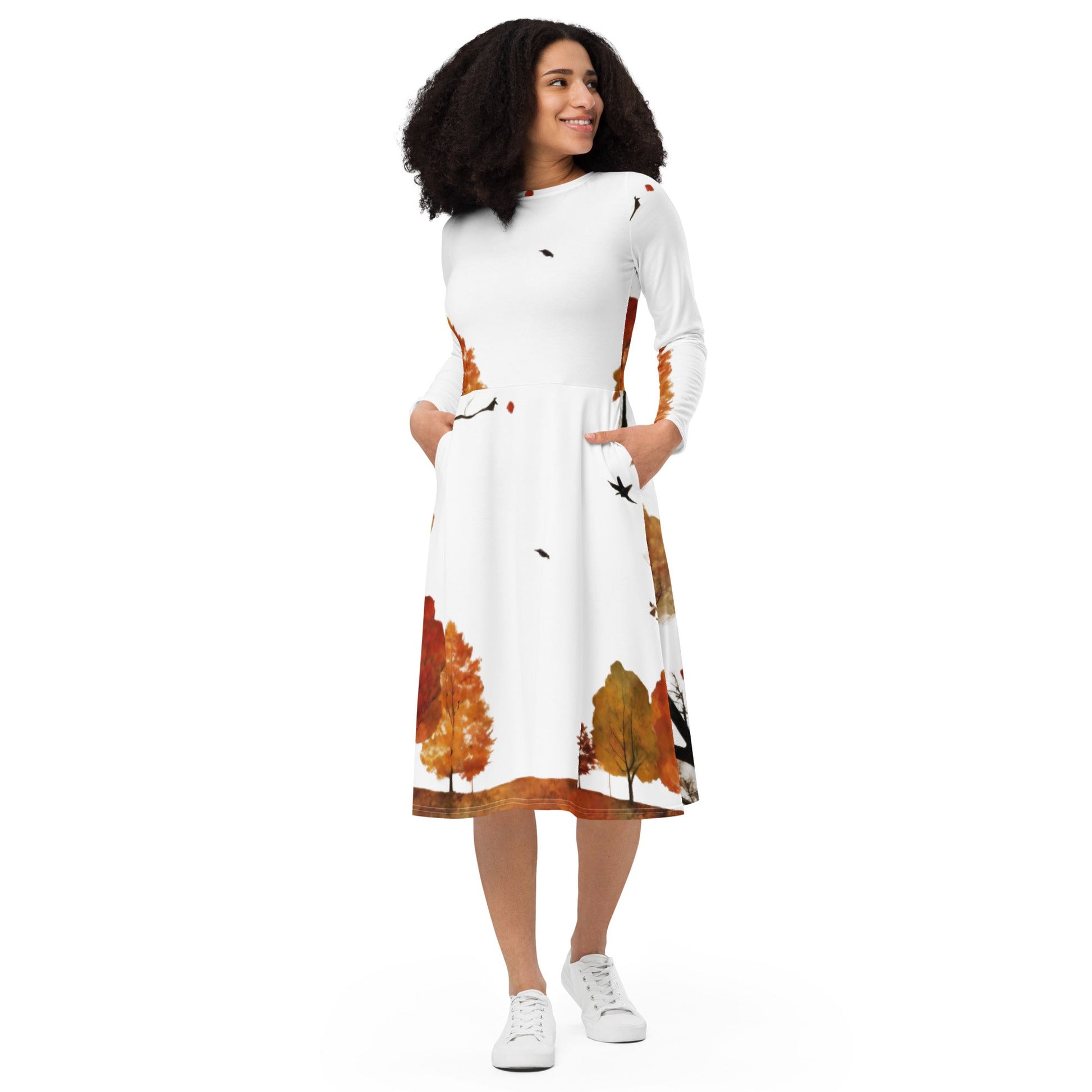 All-over print long sleeve midi dress