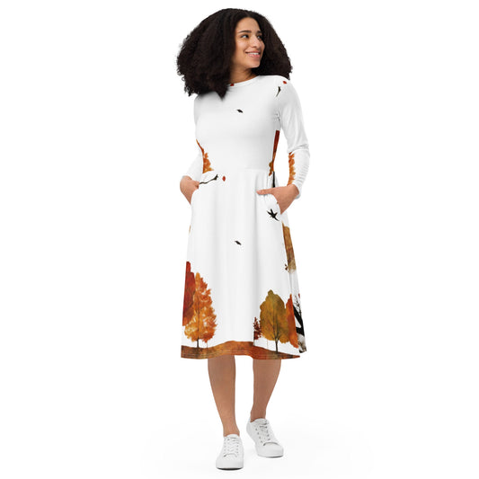 All-over print long sleeve midi dress