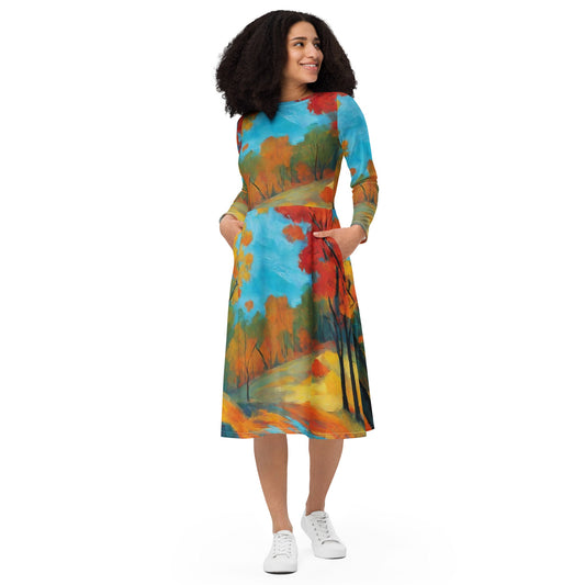 All-over print long sleeve midi dress