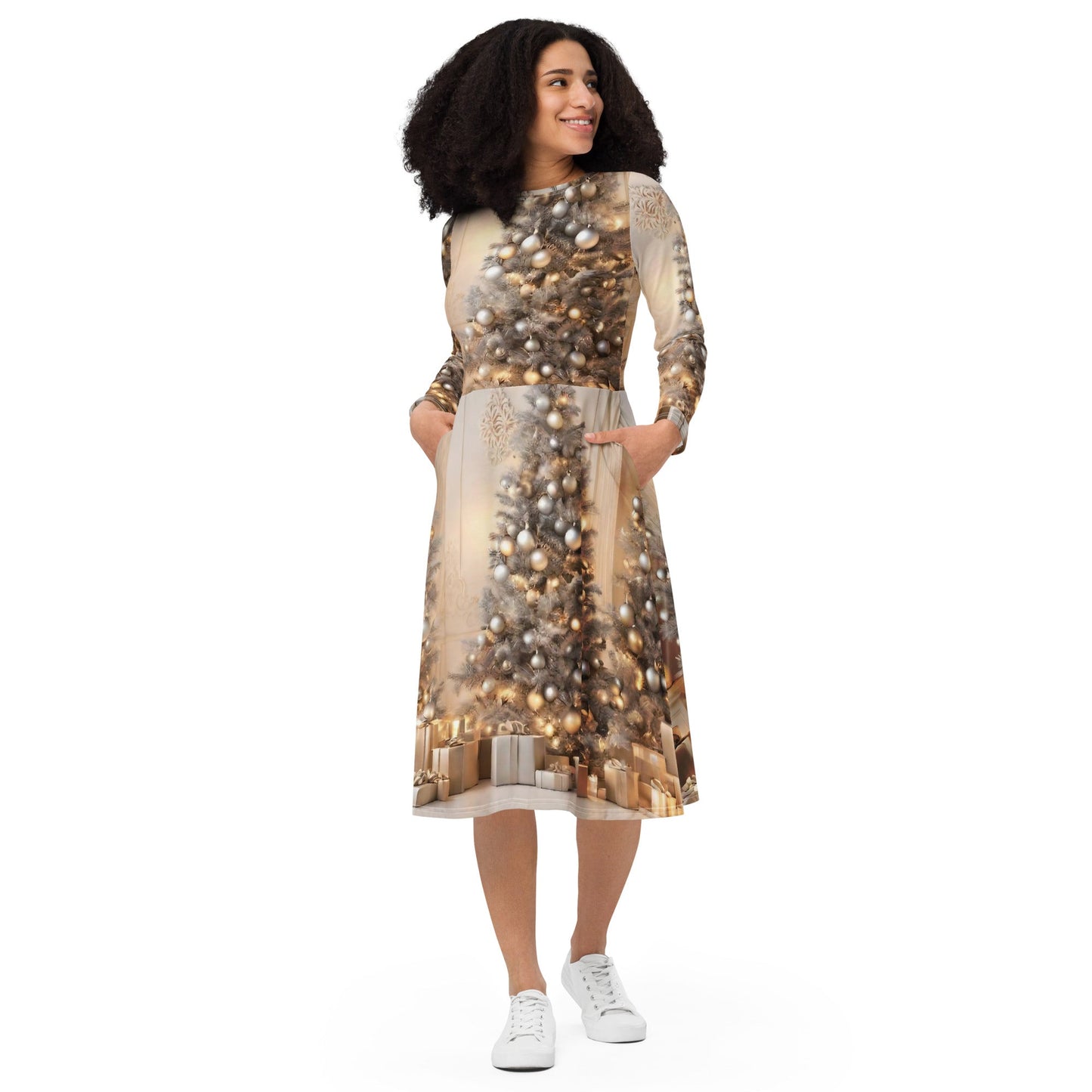 All-over print long sleeve midi dress