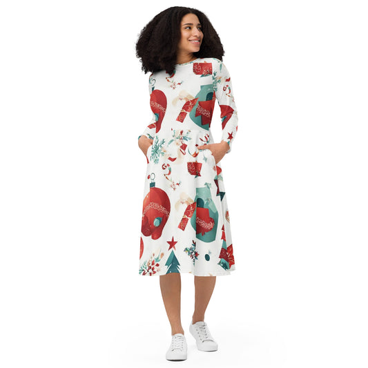 All-over print long sleeve midi dress