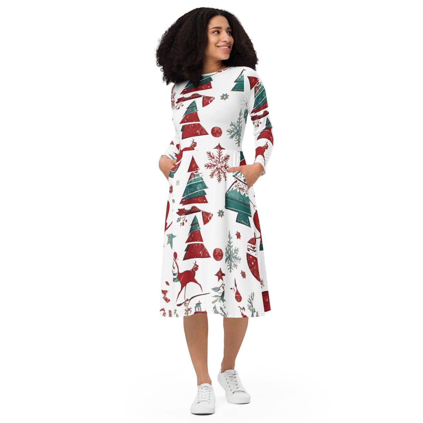 All-over print long sleeve midi dress