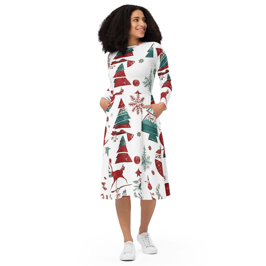 All-over print long sleeve midi dress