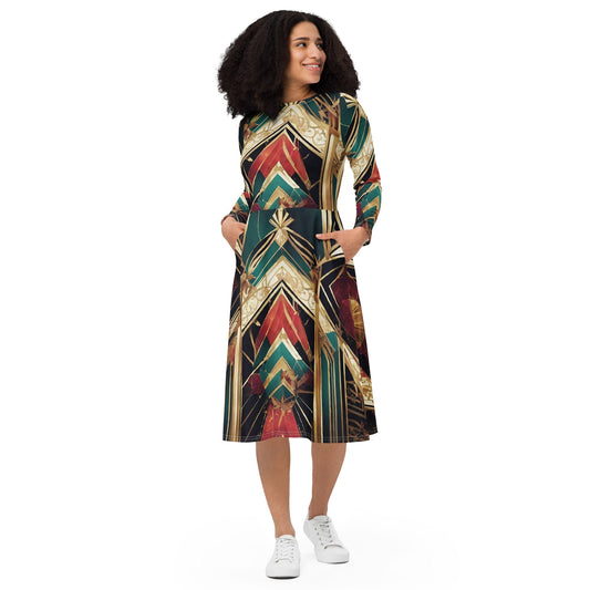 All-over print long sleeve midi dress