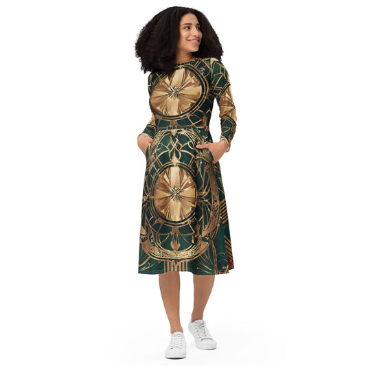 All-over print long sleeve midi dress