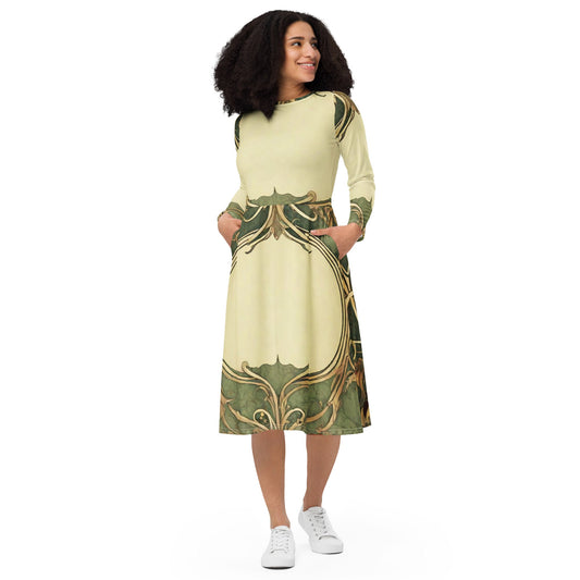 All-over print long sleeve midi dress
