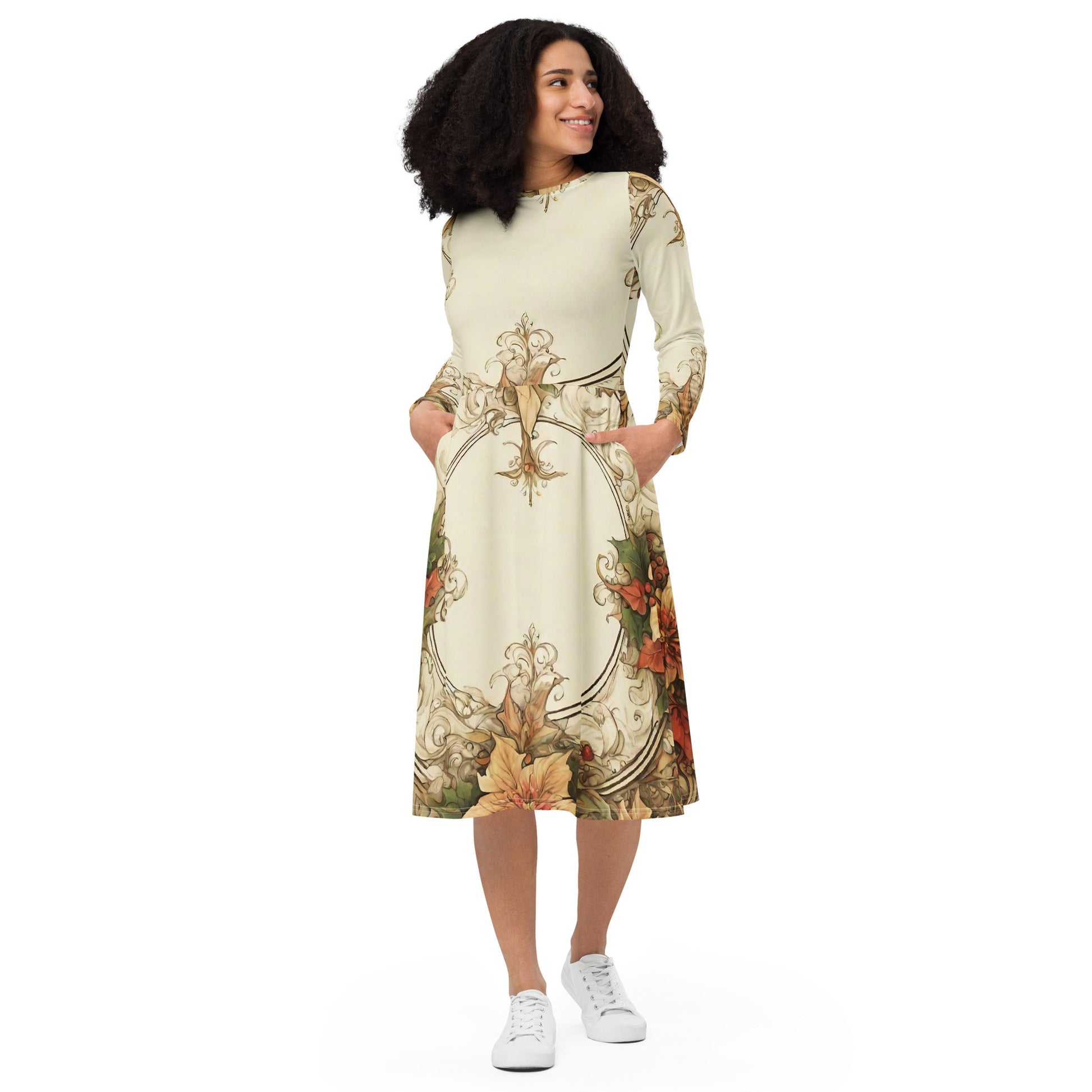 All-over print long sleeve midi dress