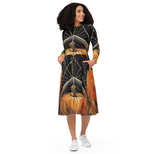 All-over print long sleeve midi dress