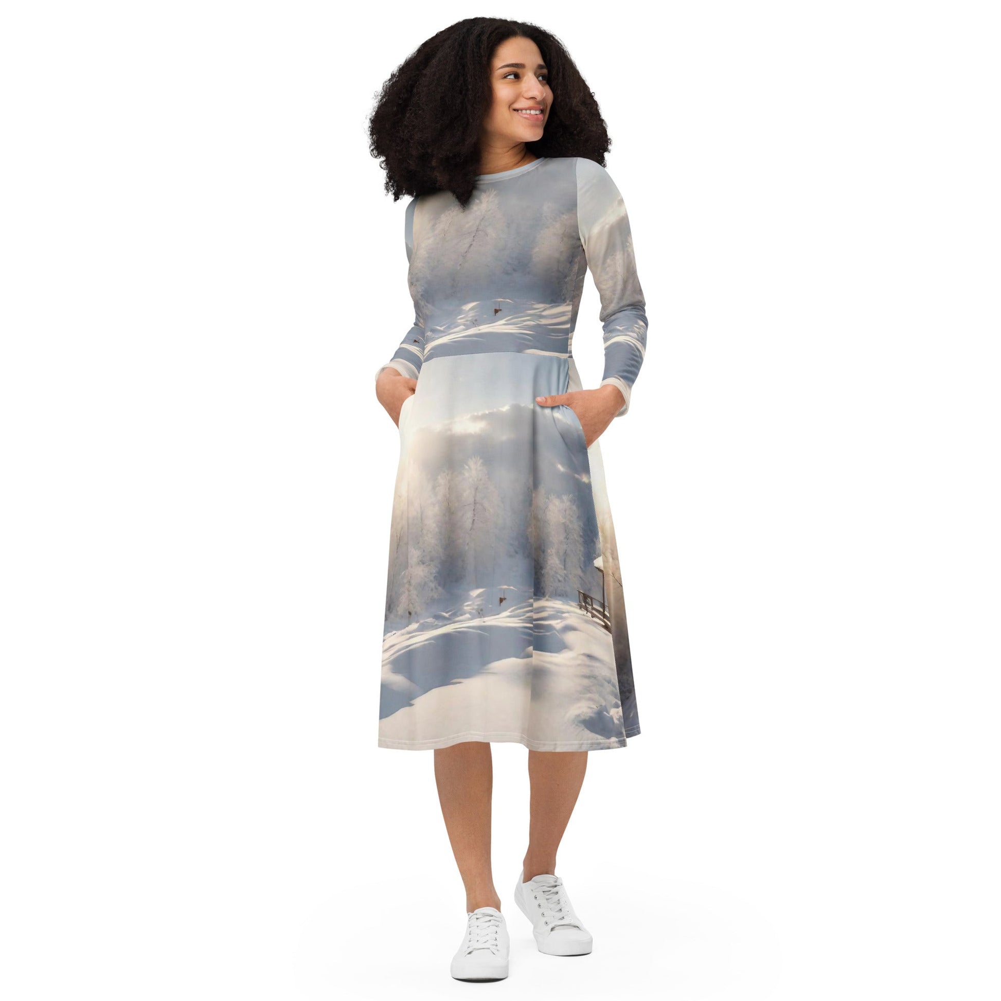 All-over print long sleeve midi dress