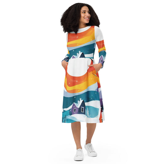 All-over print long sleeve midi dress