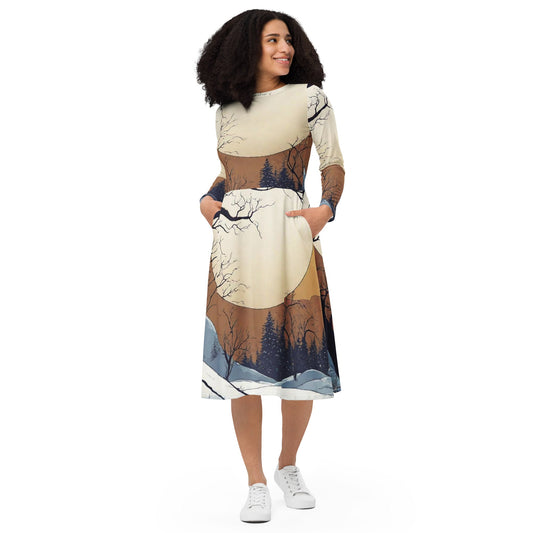 All-over print long sleeve midi dress