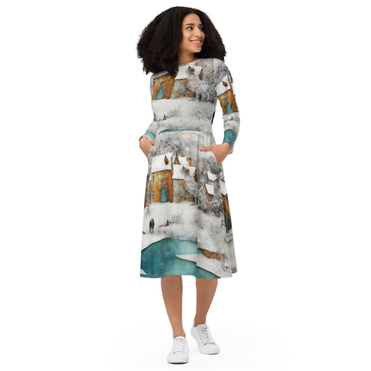All-over print long sleeve midi dress