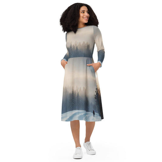 All-over print long sleeve midi dress