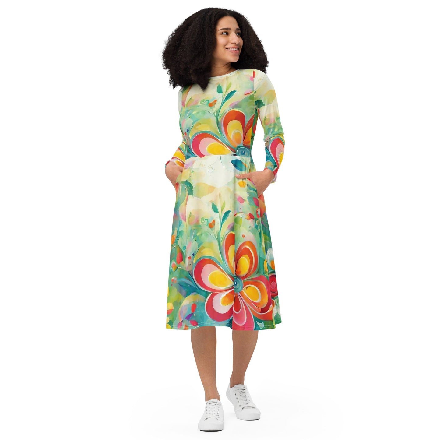 All-over print long sleeve midi dress