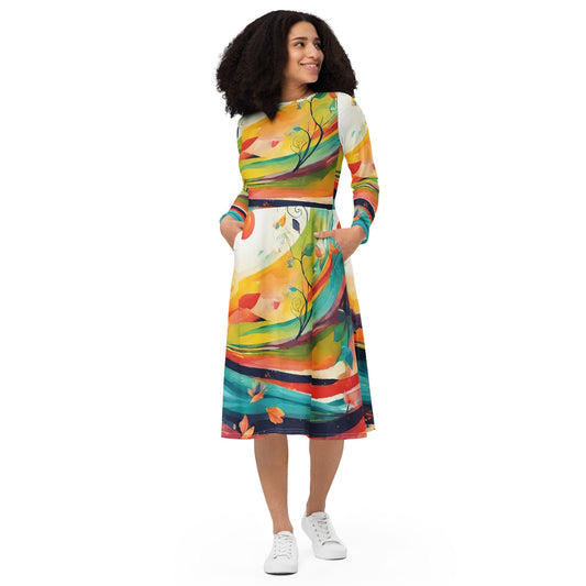 All-over print long sleeve midi dress