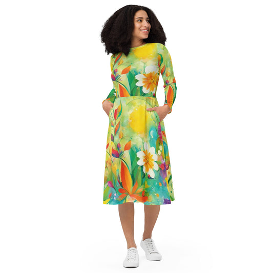 All-over print long sleeve midi dress