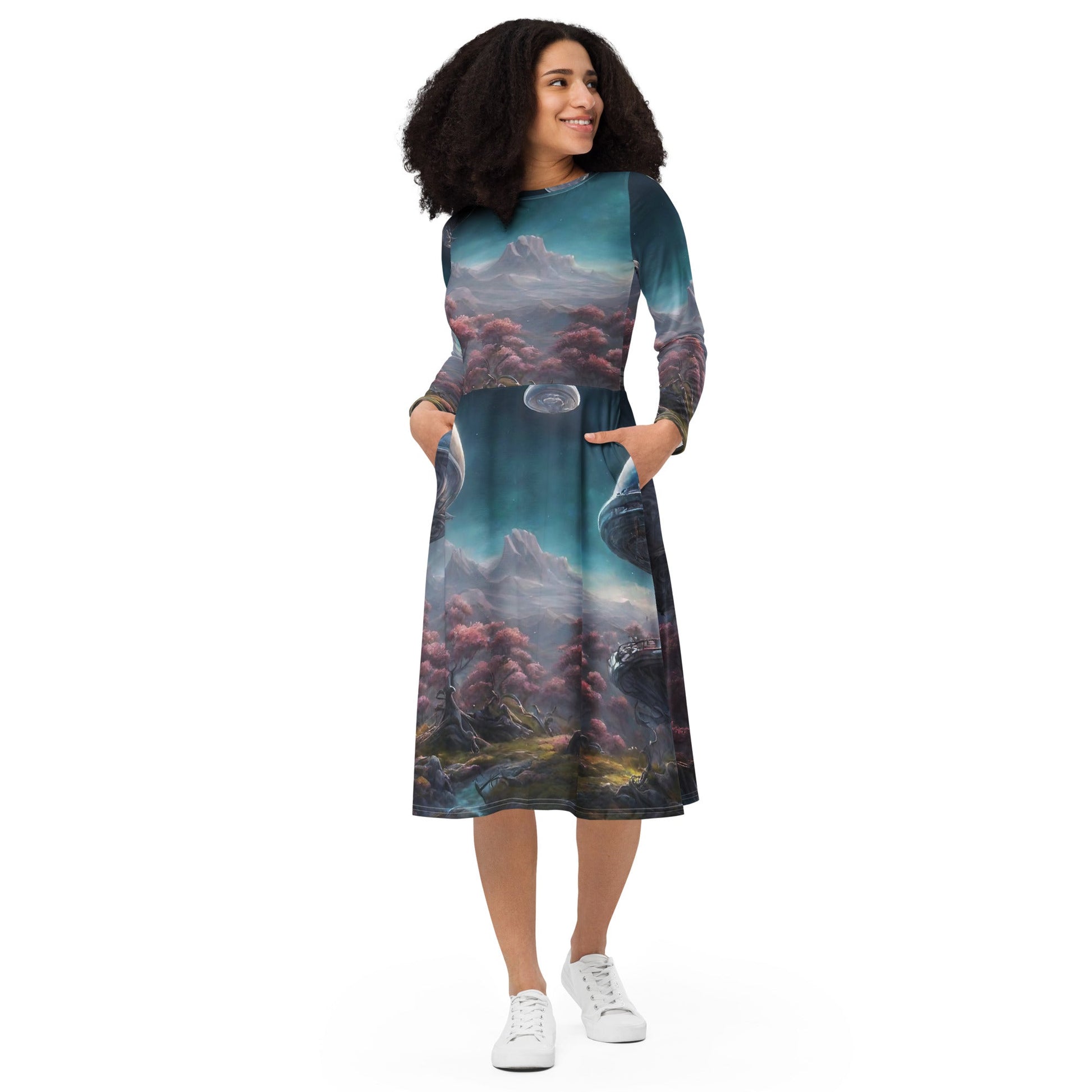 All-over print long sleeve midi dress
