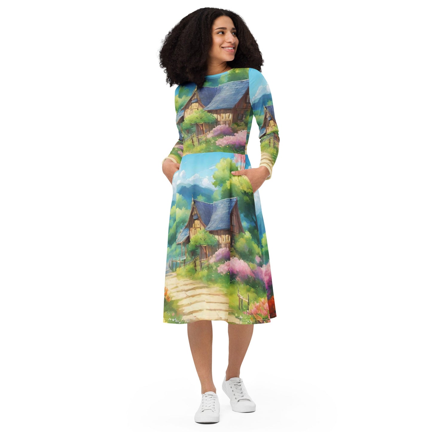 All-over print long sleeve midi dress