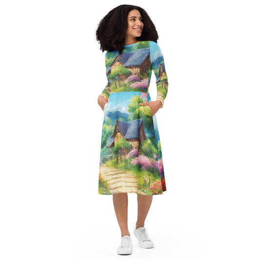All-over print long sleeve midi dress