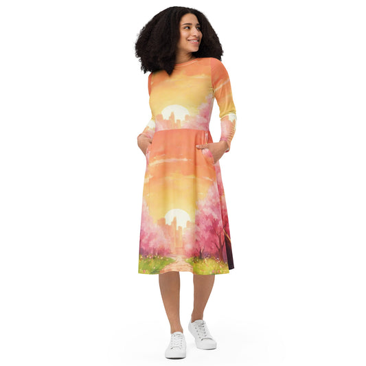 All-over print long sleeve midi dress