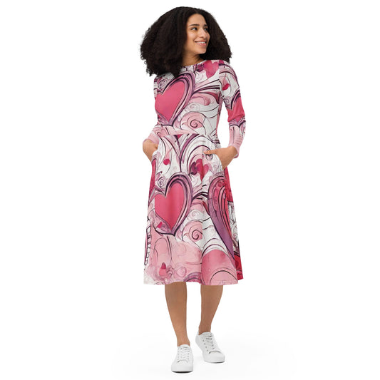 All-over print long sleeve midi dress
